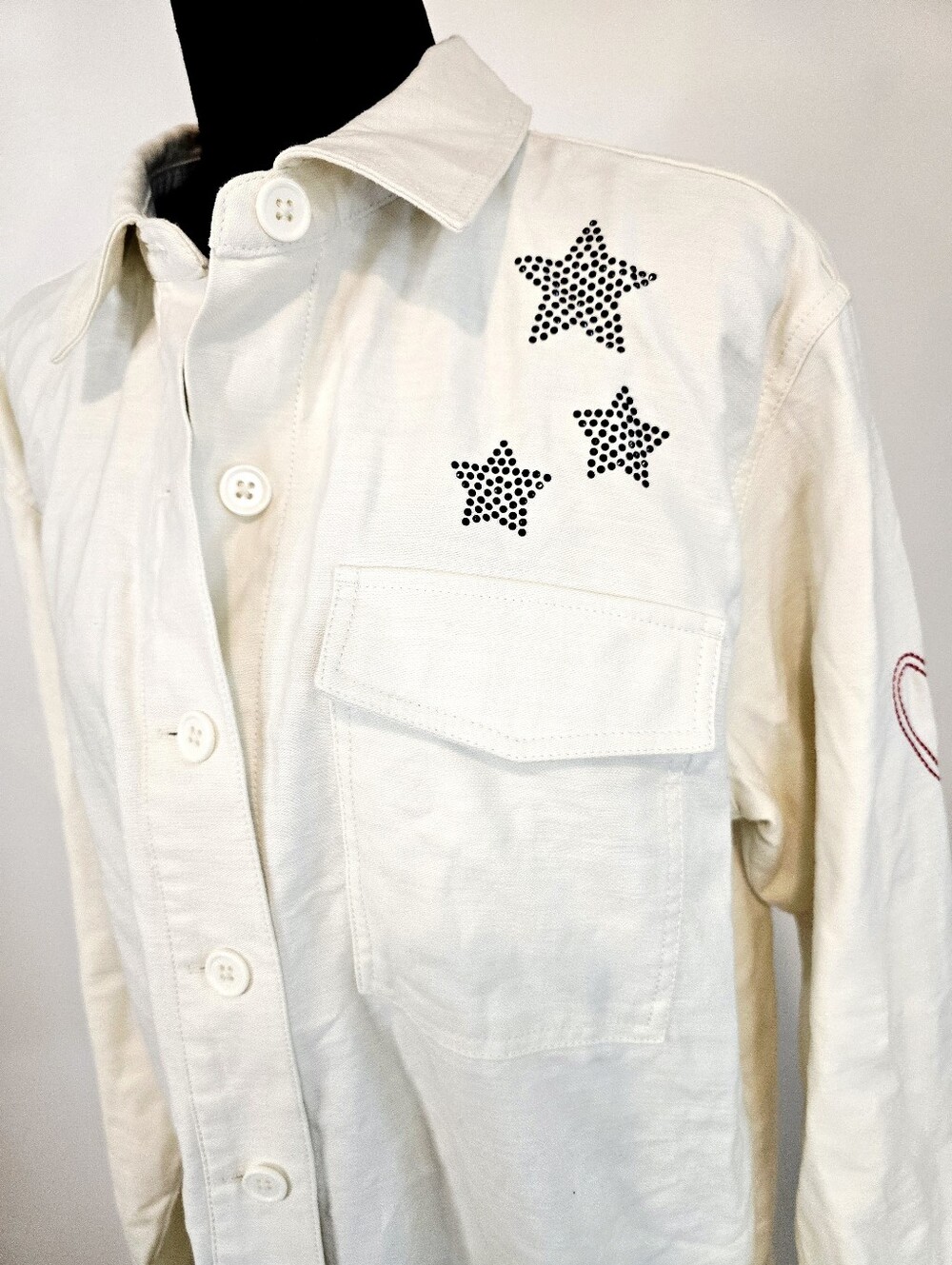Peace Love World White Studded Star Utility Jacket Shacket Cotton Oversized Y2K - Picture 4 of 15